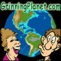 125 by 125 Grinning Planet button, shows globe and goofy man and woman with the words Grinning Planet dot com, and animated words Original Jokes, Cartoons, Funny Stuff